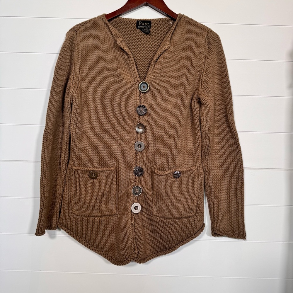 Pure Handknit Brown Cardigan Sweater With Pockets Unique Buttons Medium Large